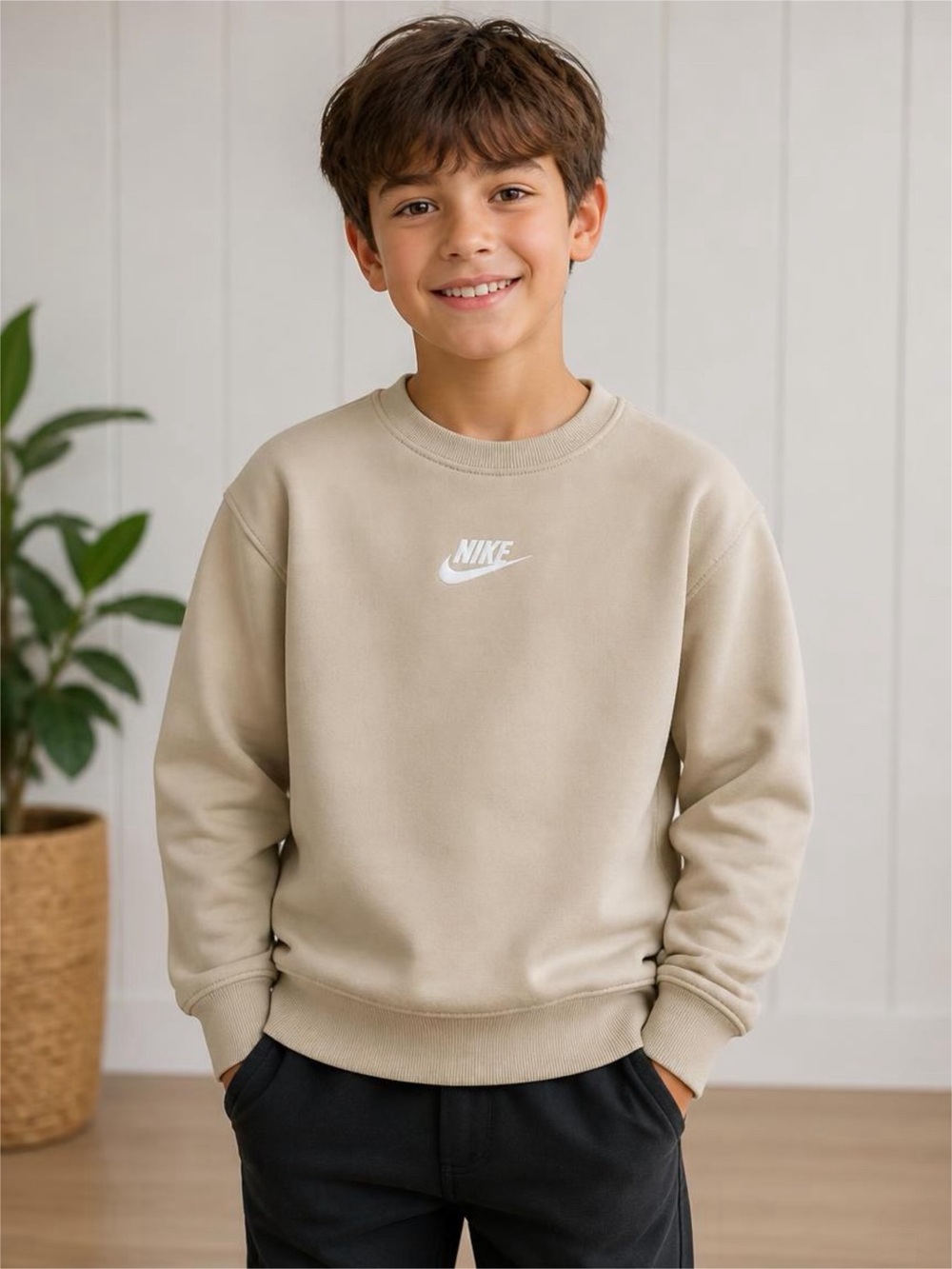 Nike Kids Beige Crewneck Sweatshirt with White Logo